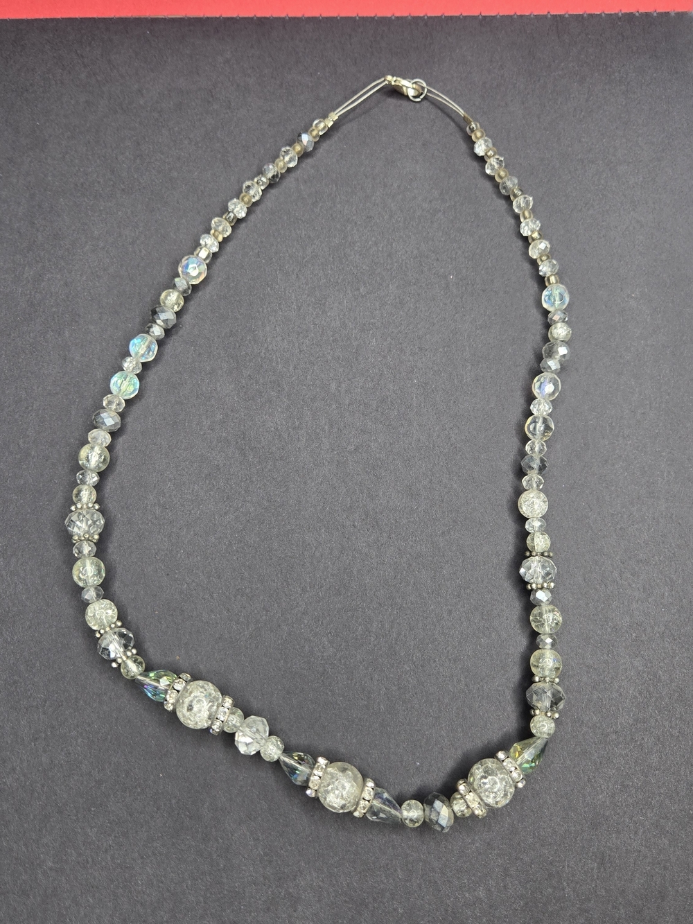 Clear Iridescent Crystal Glass Beaded Necklace Rhinestone Accents 22"